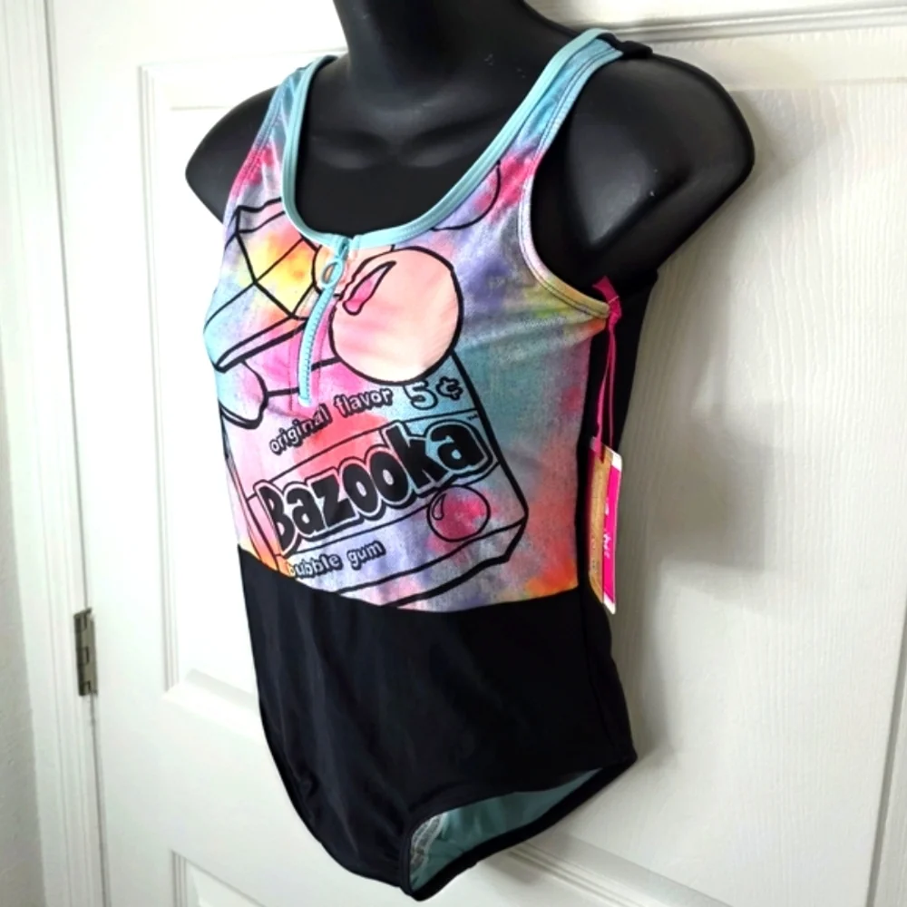 Justice Bazooka Logo Girls One-Piece Zip Front Junior Swimsuit. NEW